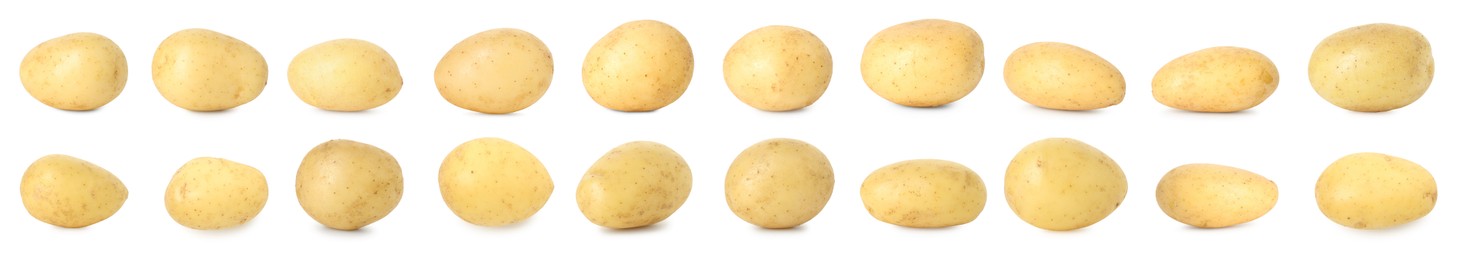 Image of Many whole potatoes isolated on white, set