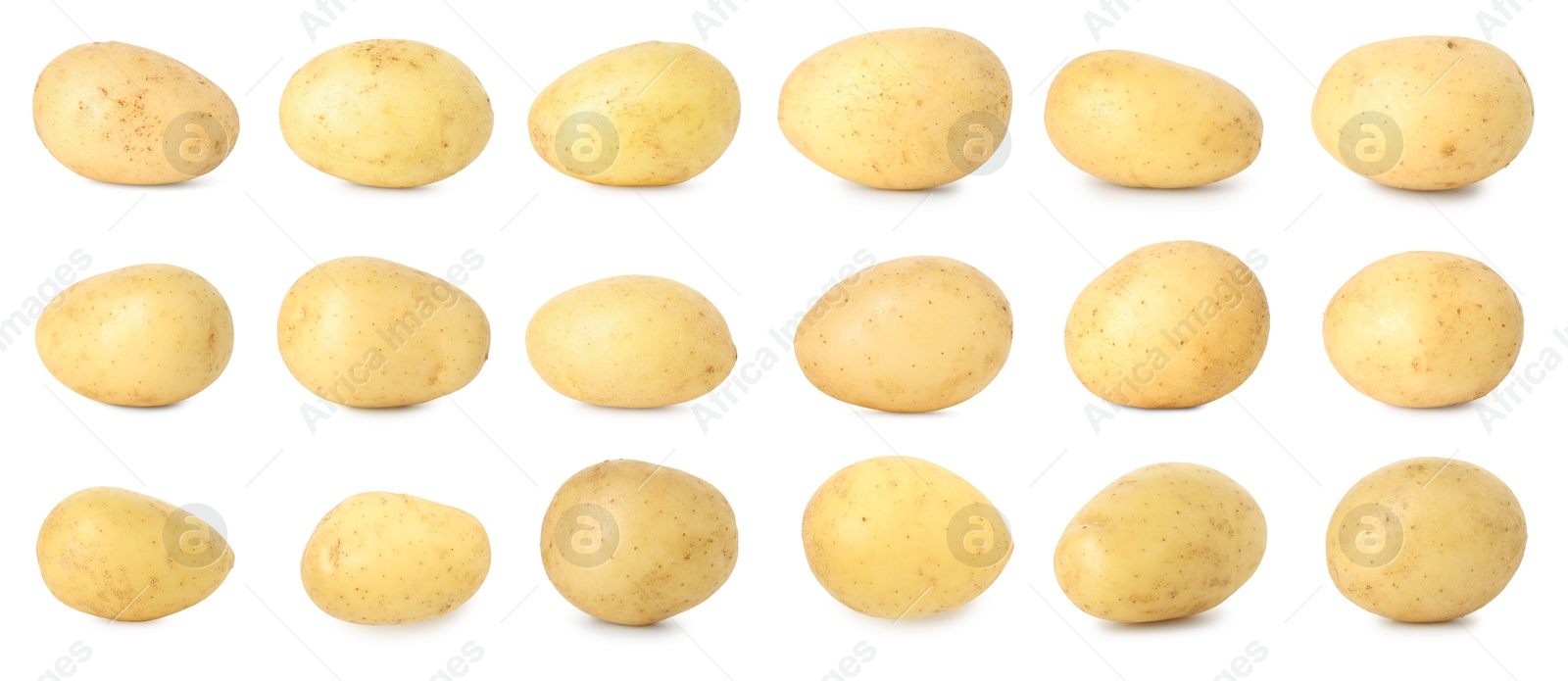 Image of Many whole potatoes isolated on white, set