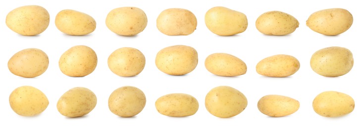 Image of Many whole potatoes isolated on white, set