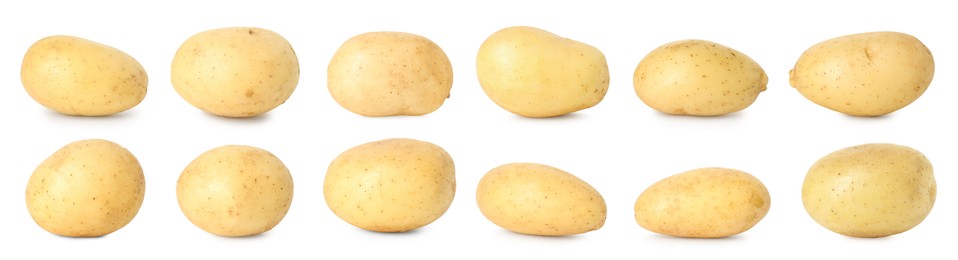 Image of Many whole potatoes isolated on white, set