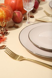 Beautiful table setting with autumn decor on beige background, closeup