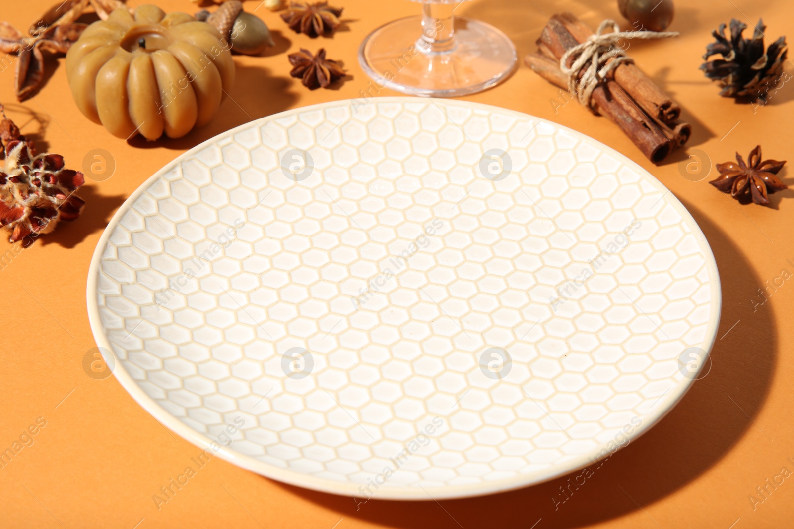 Photo of Stylish plate and autumn decor on orange background, closeup