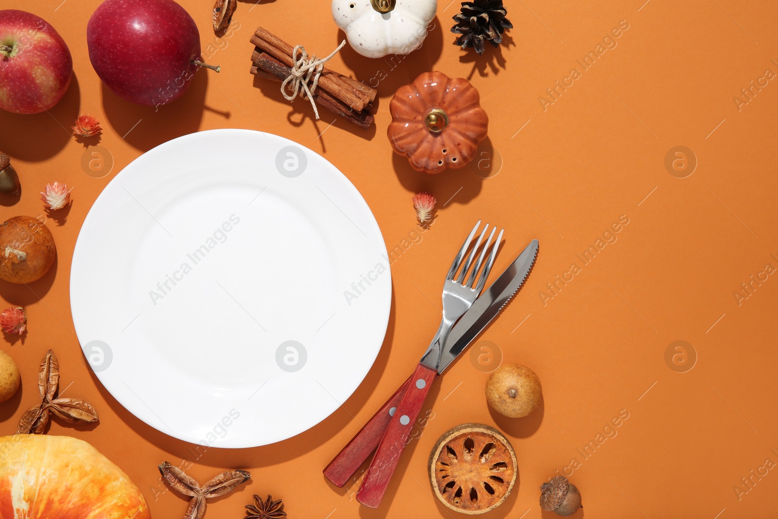 Photo of Beautiful table setting with autumn decor on orange background, flat lay