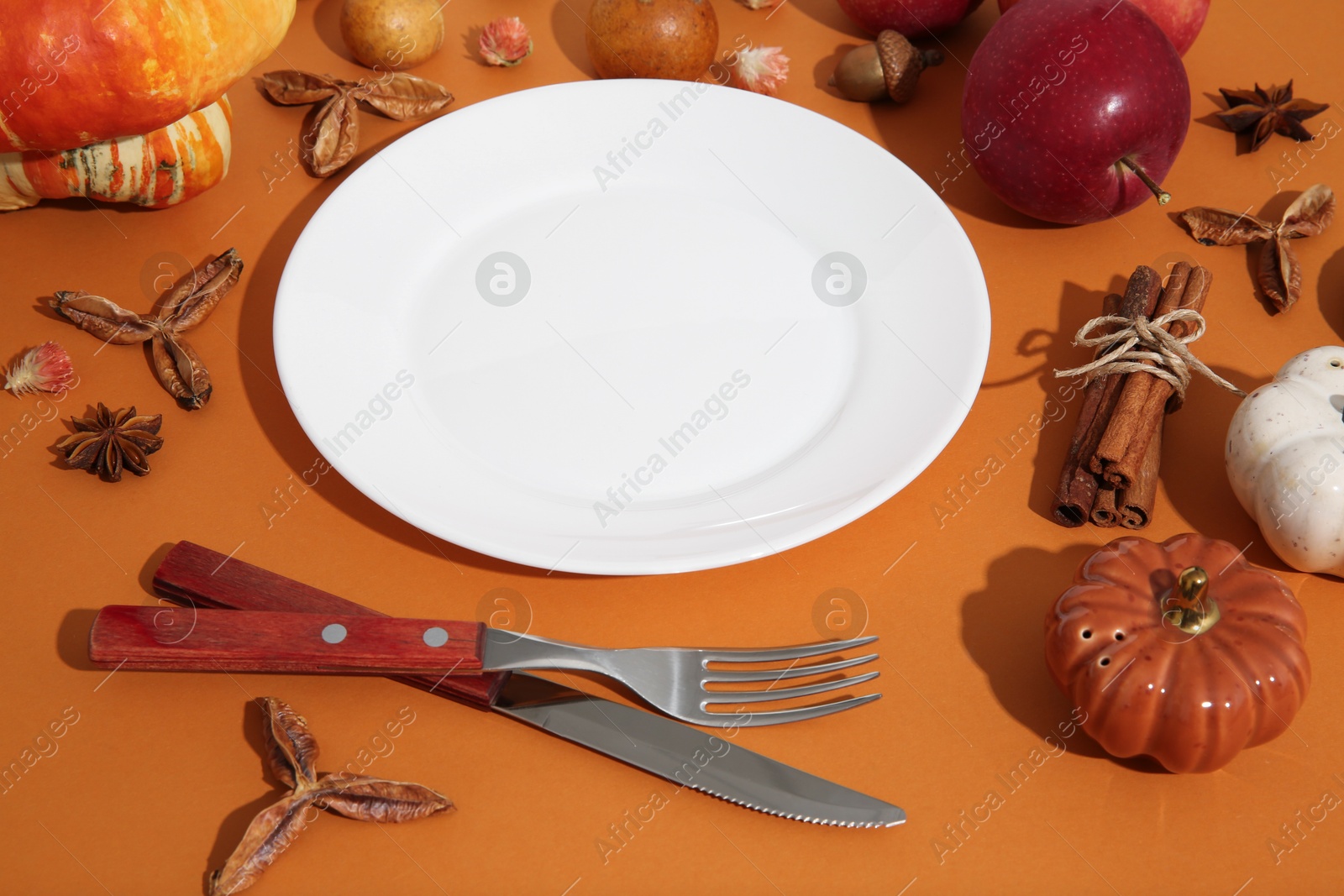 Photo of Beautiful table setting with autumn decor on orange background