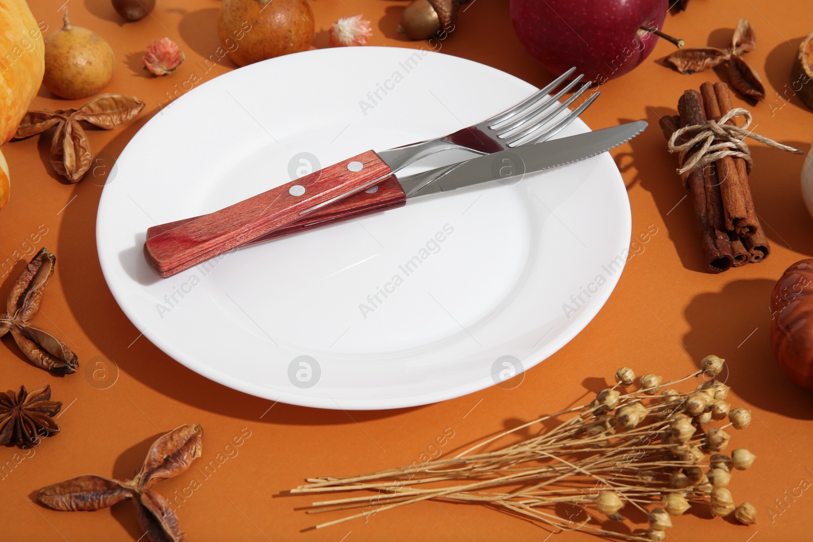 Photo of Beautiful table setting with autumn decor on orange background