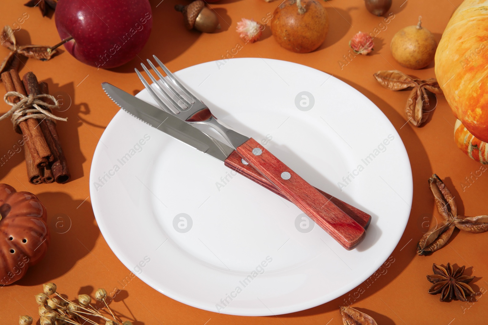 Photo of Beautiful table setting with autumn decor on orange background, closeup