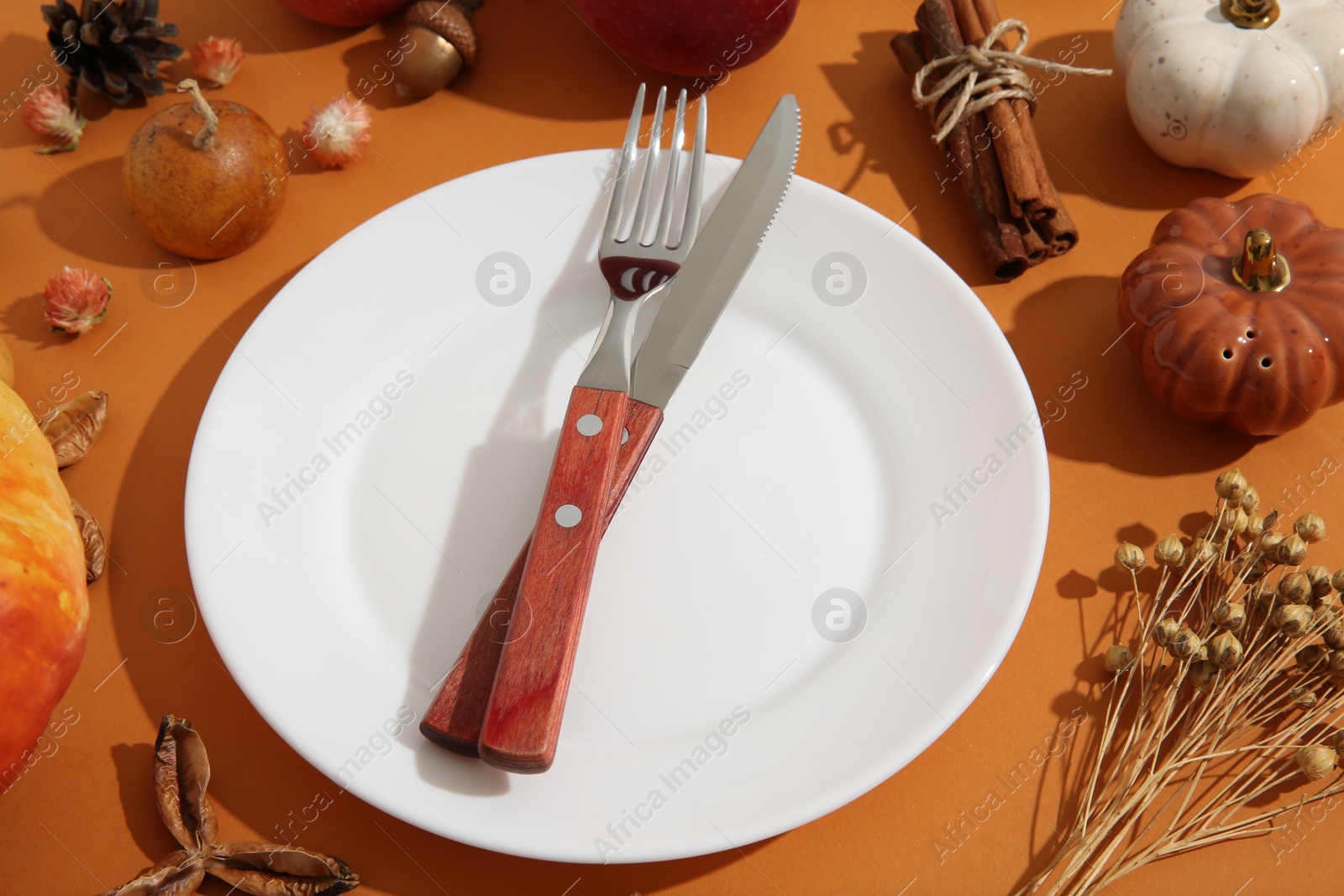 Photo of Beautiful table setting with autumn decor on orange background, closeup