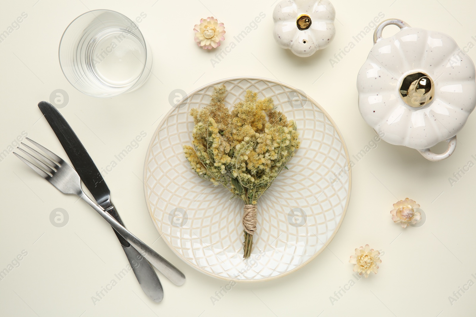 Photo of Beautiful table setting with autumn decor on white background, flat lay