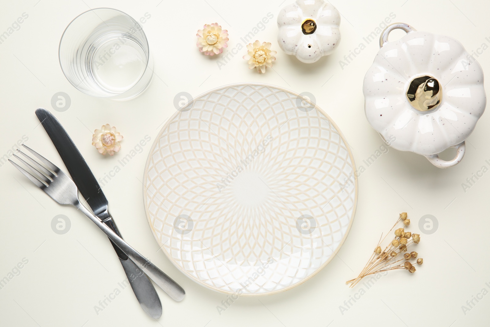 Photo of Beautiful table setting with autumn decor on white background, flat lay