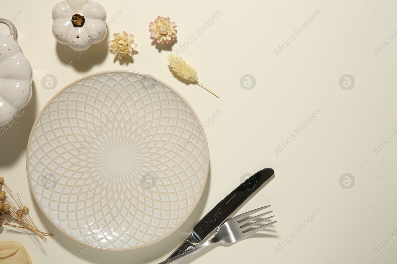 Photo of Beautiful table setting with autumn decor on white background, flat lay