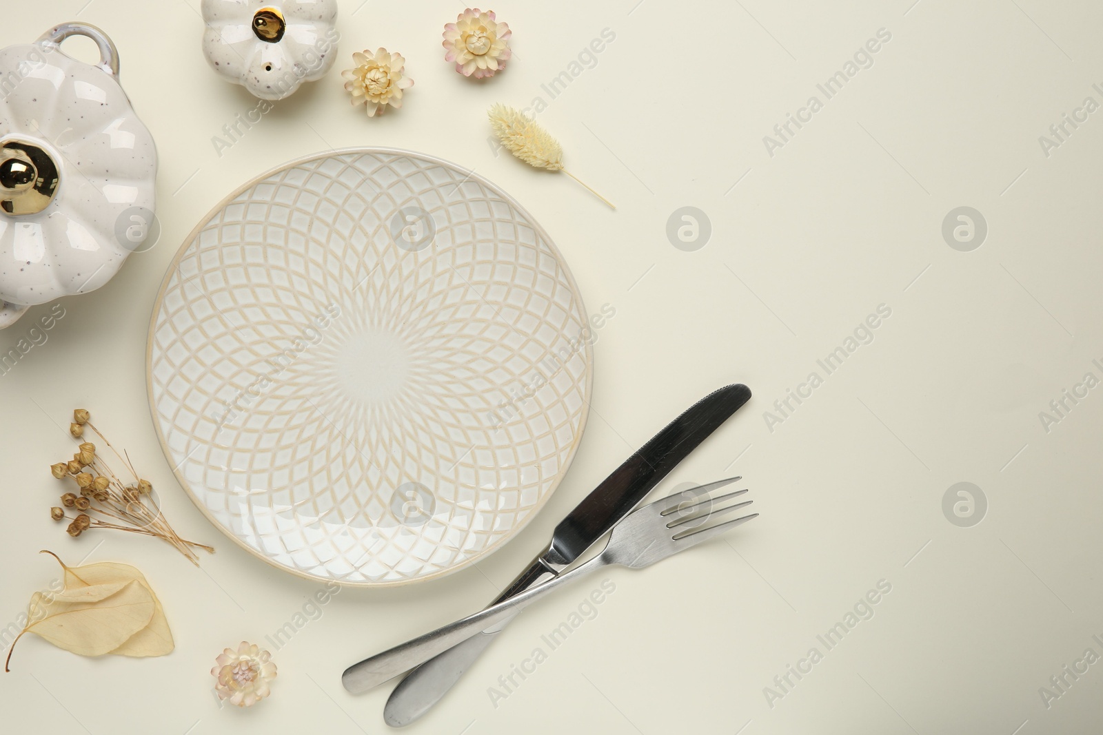 Photo of Beautiful table setting with autumn decor on white background, flat lay