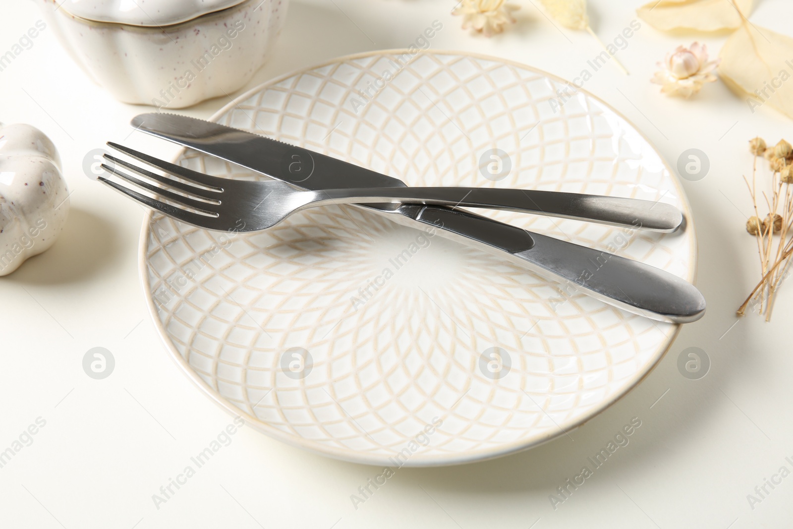 Photo of Beautiful table setting with autumn decor on white background, closeup