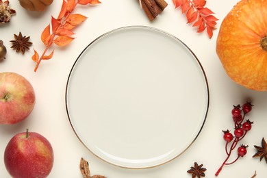 Photo of Stylish plate and autumn decor on white background, flat lay