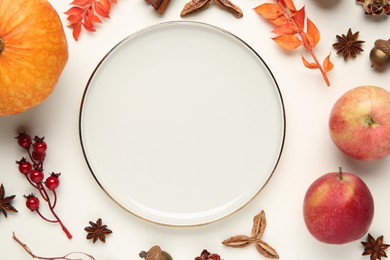 Photo of Stylish plate and autumn decor on white background, flat lay