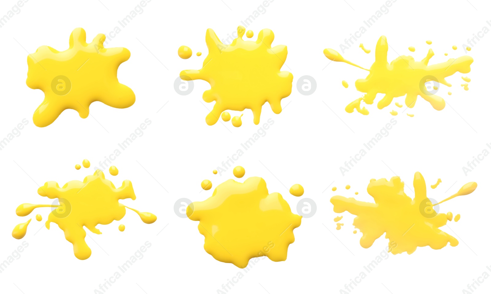 Image of Blots of yellow printer ink on white background, set. Top view