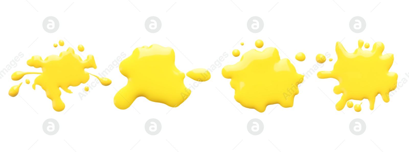 Image of Blots of yellow printer ink on white background, set. Top view