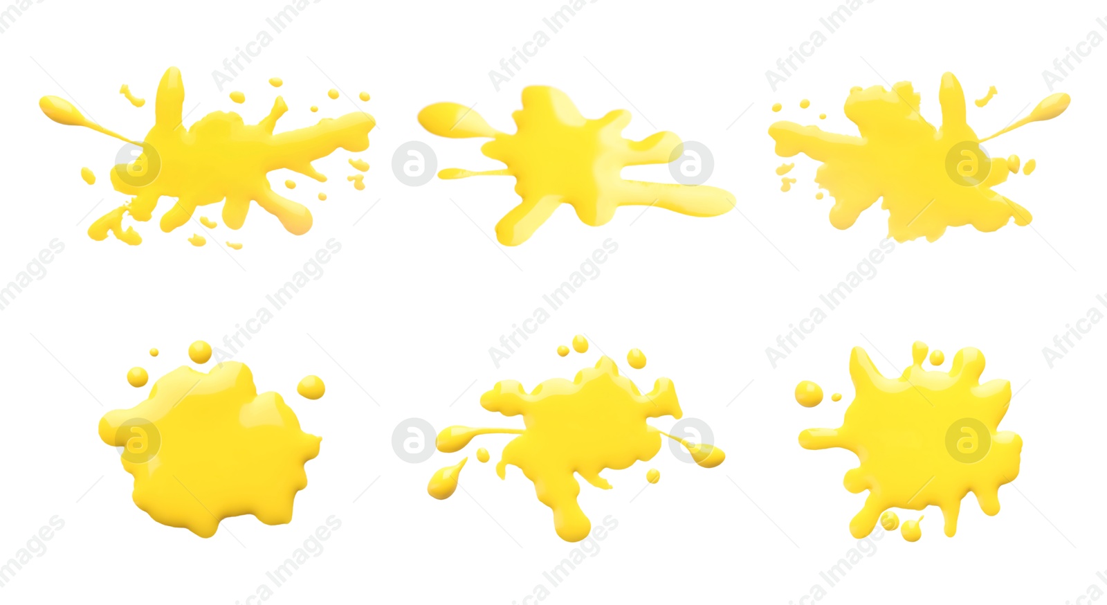 Image of Blots of yellow printer ink on white background, set. Top view