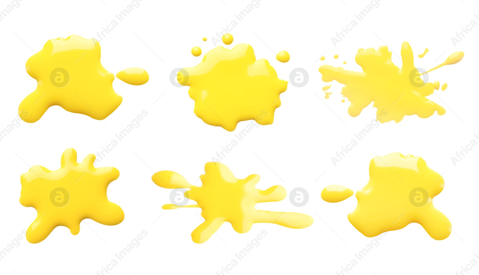 Image of Blots of yellow printer ink on white background, set. Top view