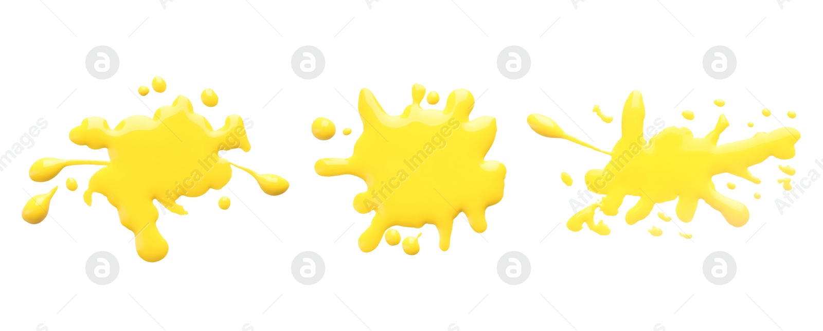 Image of Blots of yellow printer ink on white background, set. Top view