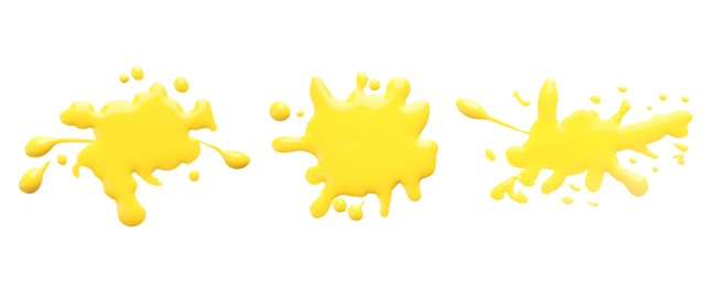 Image of Blots of yellow printer ink on white background, set. Top view