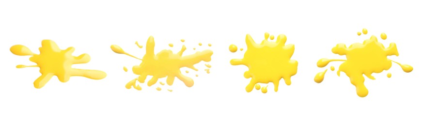 Image of Blots of yellow printer ink on white background, set. Top view