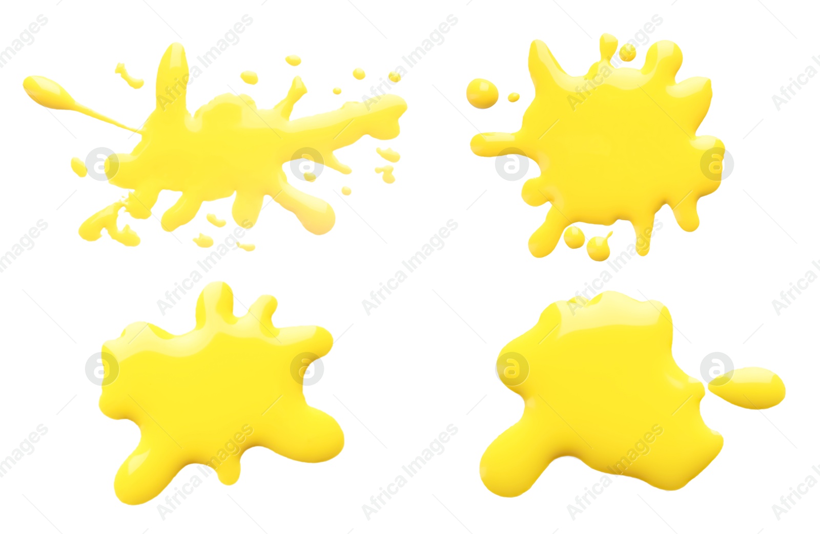 Image of Blots of yellow printer ink on white background, set. Top view