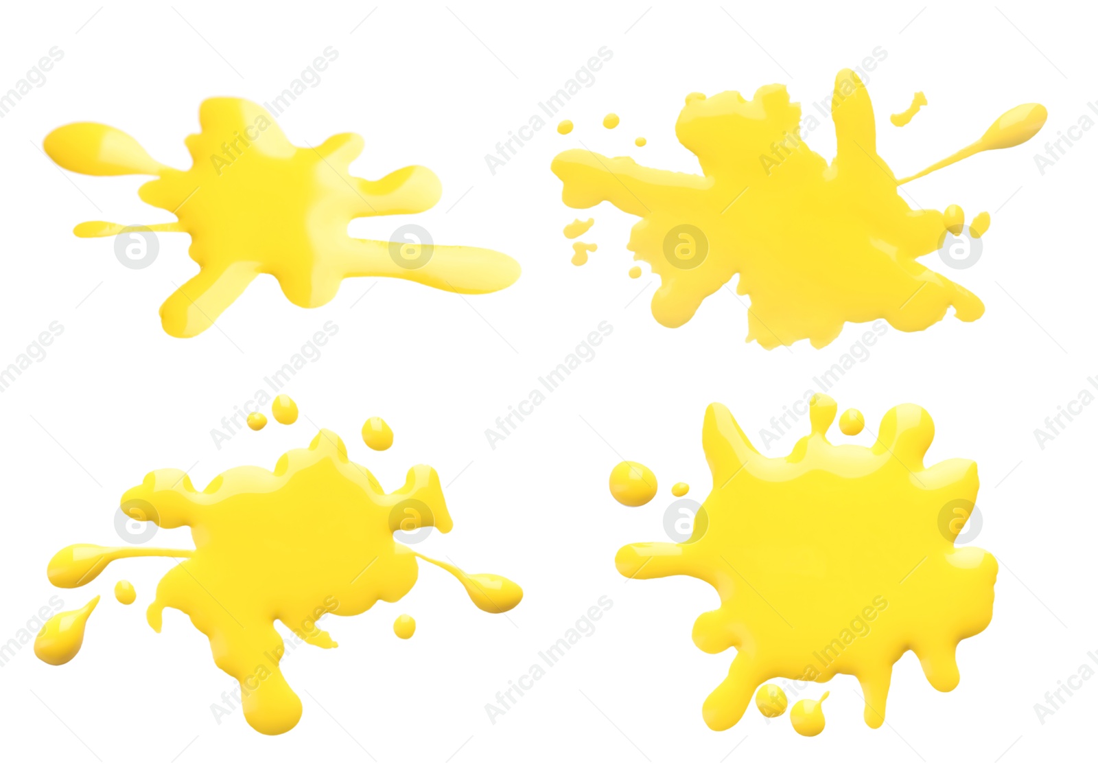 Image of Blots of yellow printer ink on white background, set. Top view