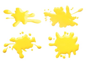 Image of Blots of yellow printer ink on white background, set. Top view