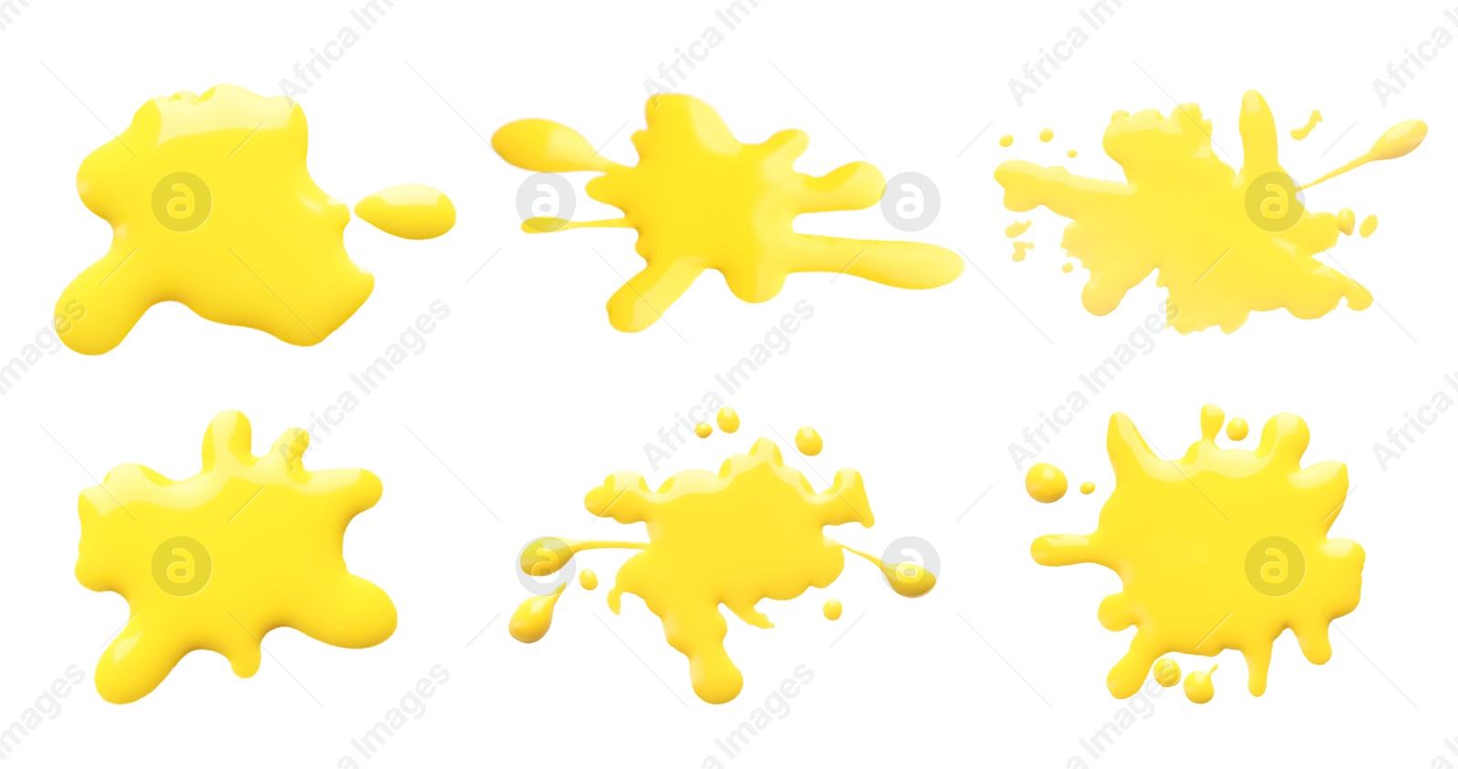 Image of Blots of yellow printer ink on white background, set. Top view