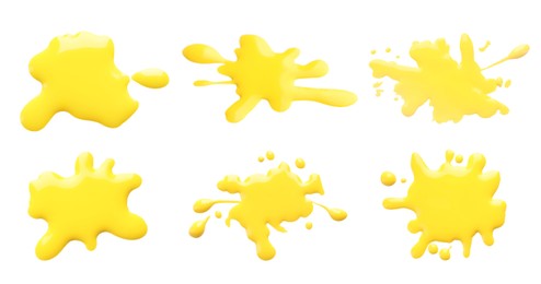 Image of Blots of yellow printer ink on white background, set. Top view