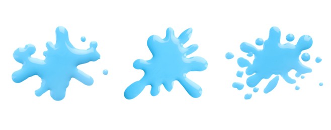 Image of Blots of cyan printer ink on white background, set. Top view