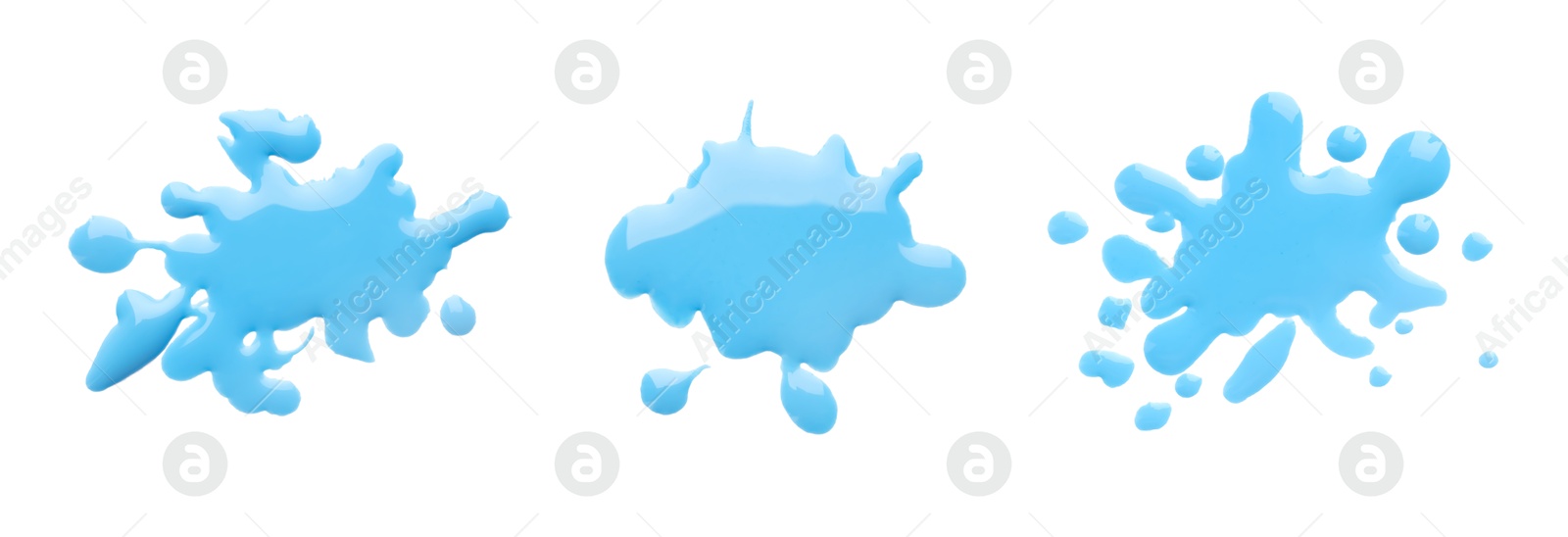 Image of Blots of cyan printer ink on white background, set. Top view