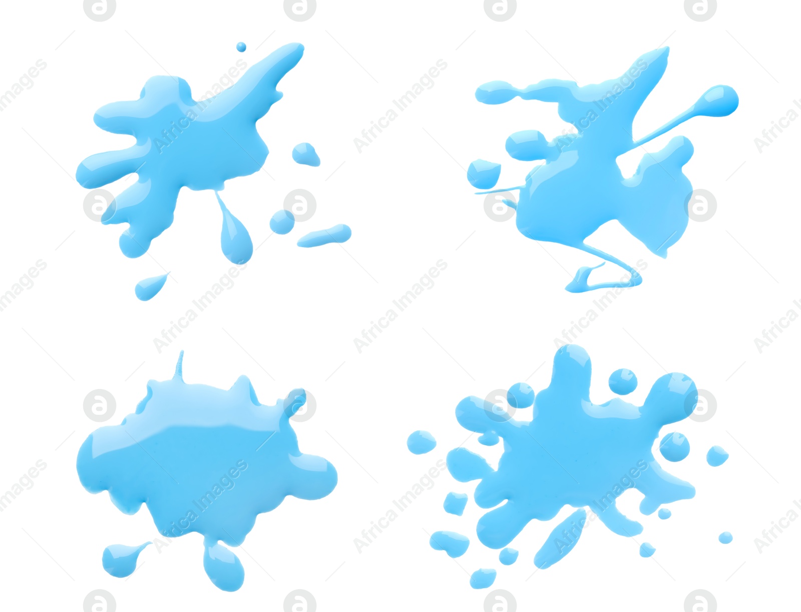 Image of Blots of cyan printer ink on white background, set. Top view