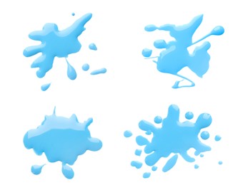 Image of Blots of cyan printer ink on white background, set. Top view