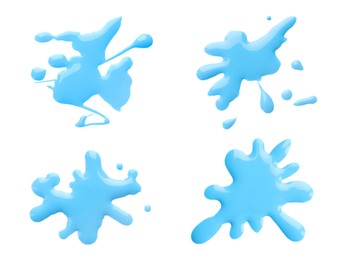 Blots of cyan printer ink on white background, set. Top view