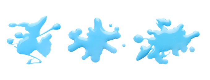 Image of Blots of cyan printer ink on white background, set. Top view