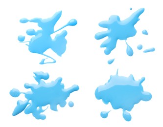 Blots of cyan printer ink on white background, set. Top view