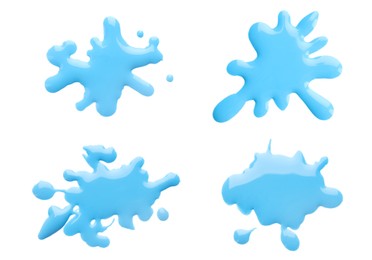 Image of Blots of cyan printer ink on white background, set. Top view