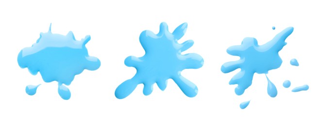 Blots of cyan printer ink on white background, set. Top view