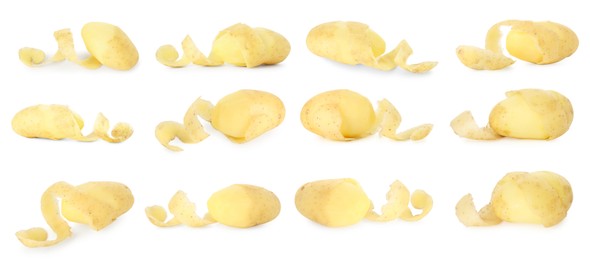 Image of Many whole potatoes with peels isolated on white, set