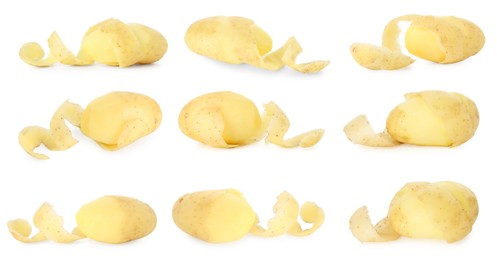 Image of Many whole potatoes with peels isolated on white, set