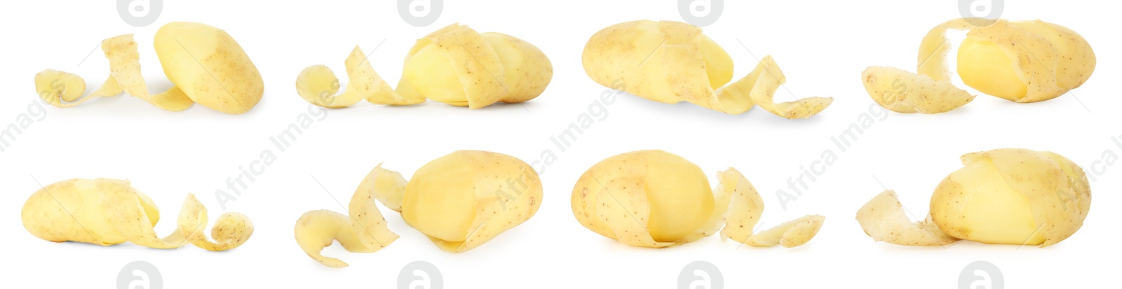 Image of Many whole potatoes with peels isolated on white, set