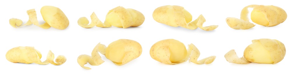 Image of Many whole potatoes with peels isolated on white, set