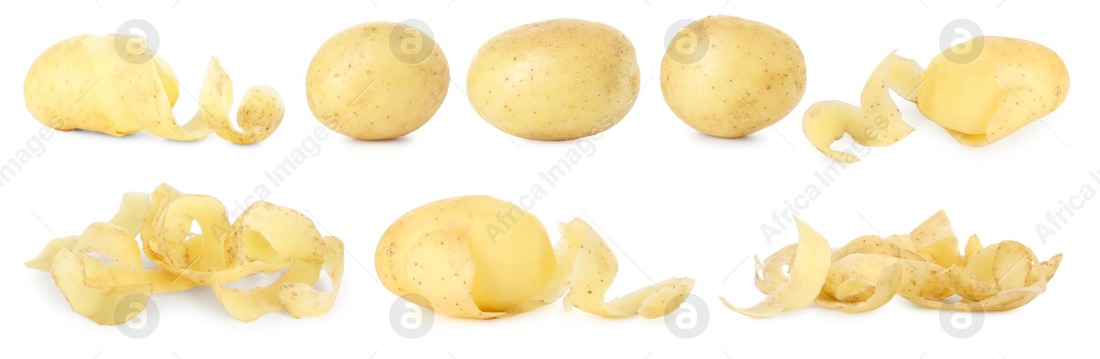 Image of Many whole potatoes with peels isolated on white, set