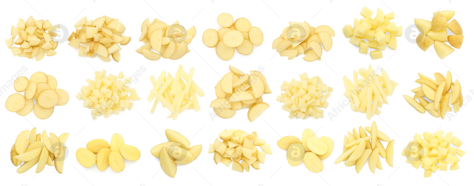 Image of Potatoes sliced in different ways isolated on white, set