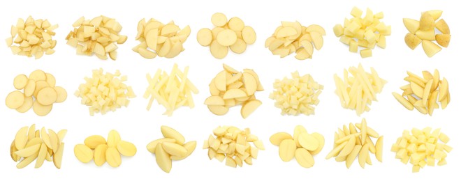 Image of Potatoes sliced in different ways isolated on white, set