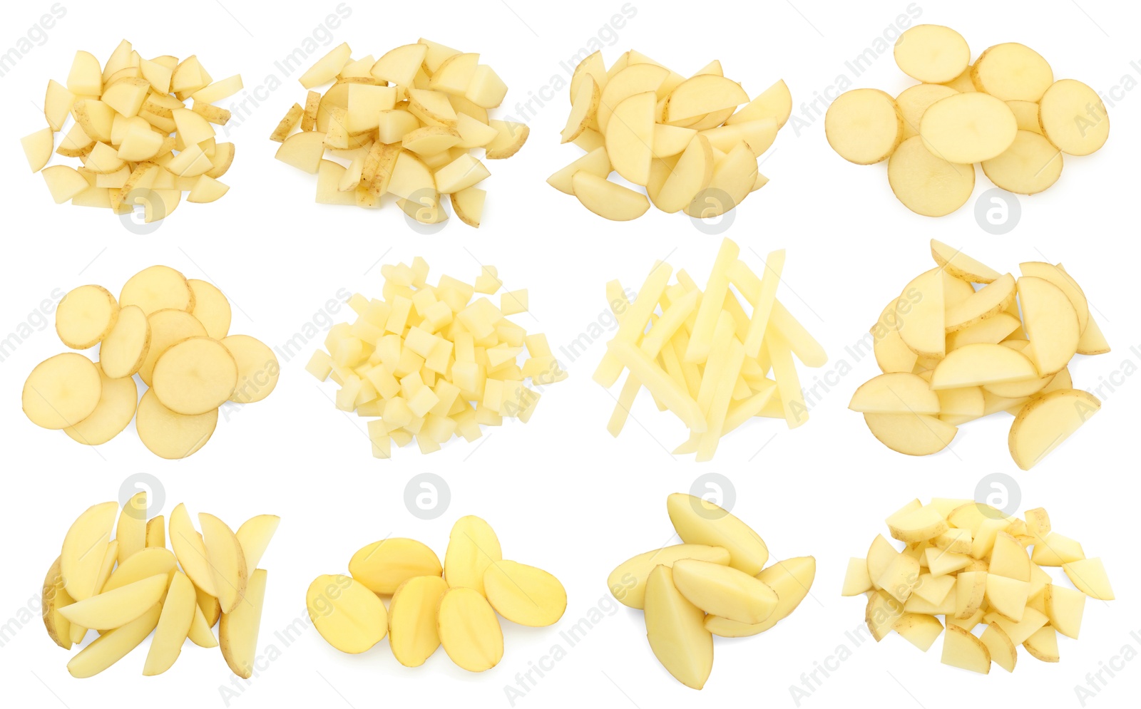 Image of Potatoes sliced in different ways isolated on white, set