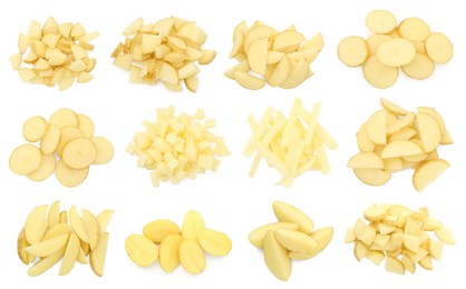 Image of Potatoes sliced in different ways isolated on white, set