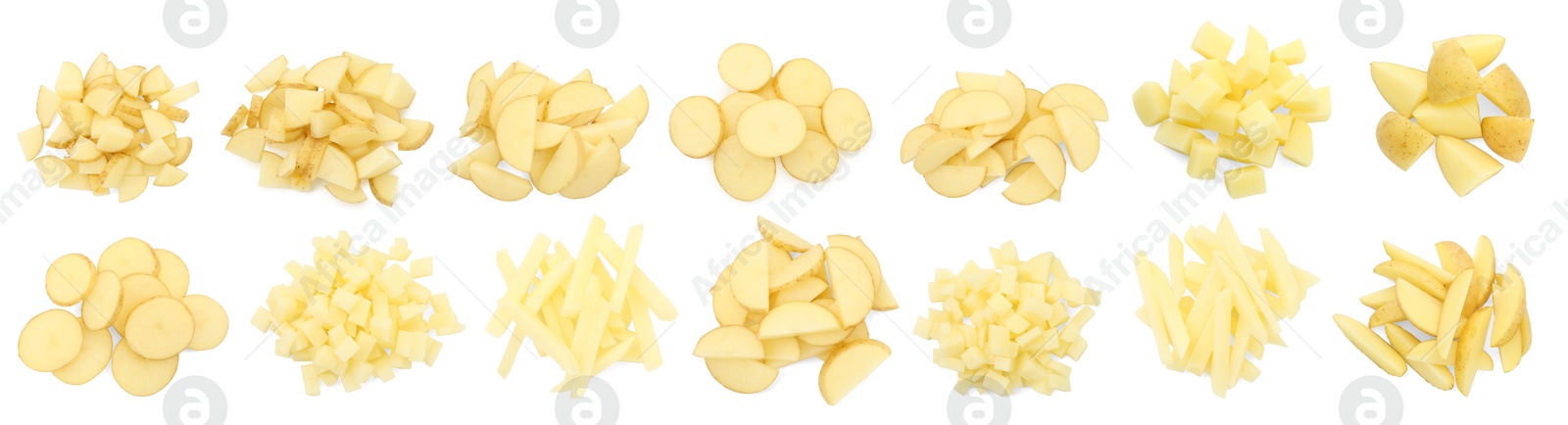 Image of Potatoes sliced in different ways isolated on white, set