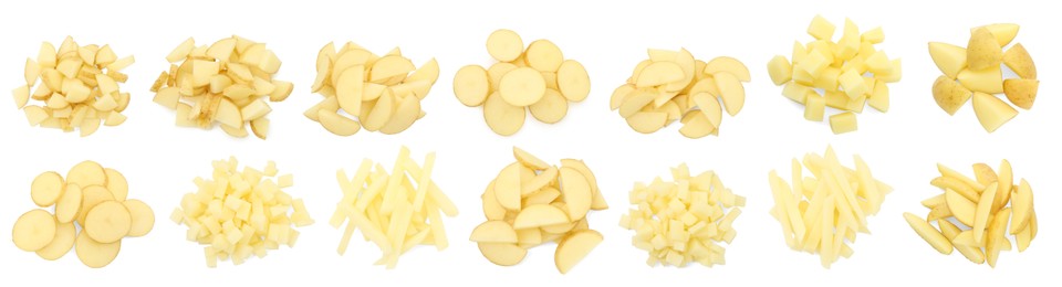 Image of Potatoes sliced in different ways isolated on white, set